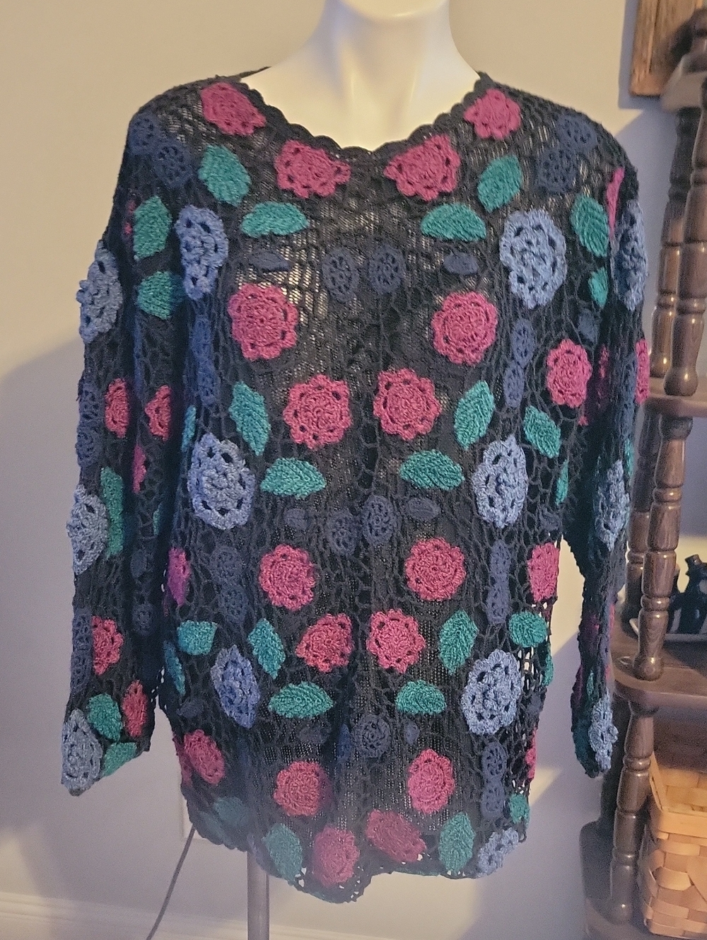 Black Crochet Floral Open-Knit Sweater with Pink & Blue Flowers...size 1X